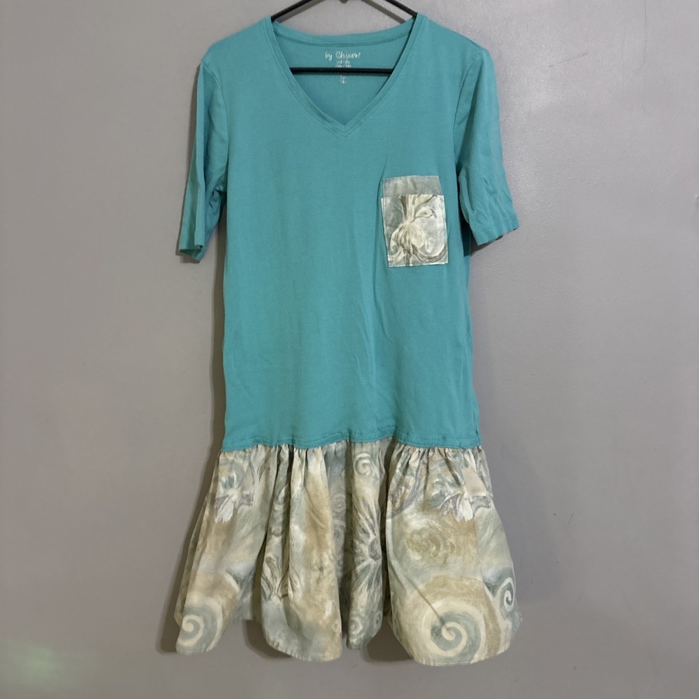 Chico's Women's Drop Waist V Neck 3/4 Sleeve Dress Sz 1 Turquoise Flower Pocket